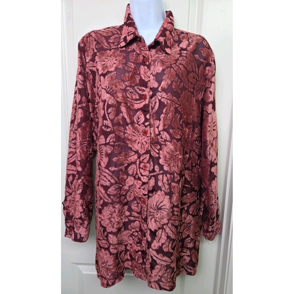 Vtg 90s Y2K Rust Red Velvet Burnout Shirt Tunic Duster Shacket Size L FLAW